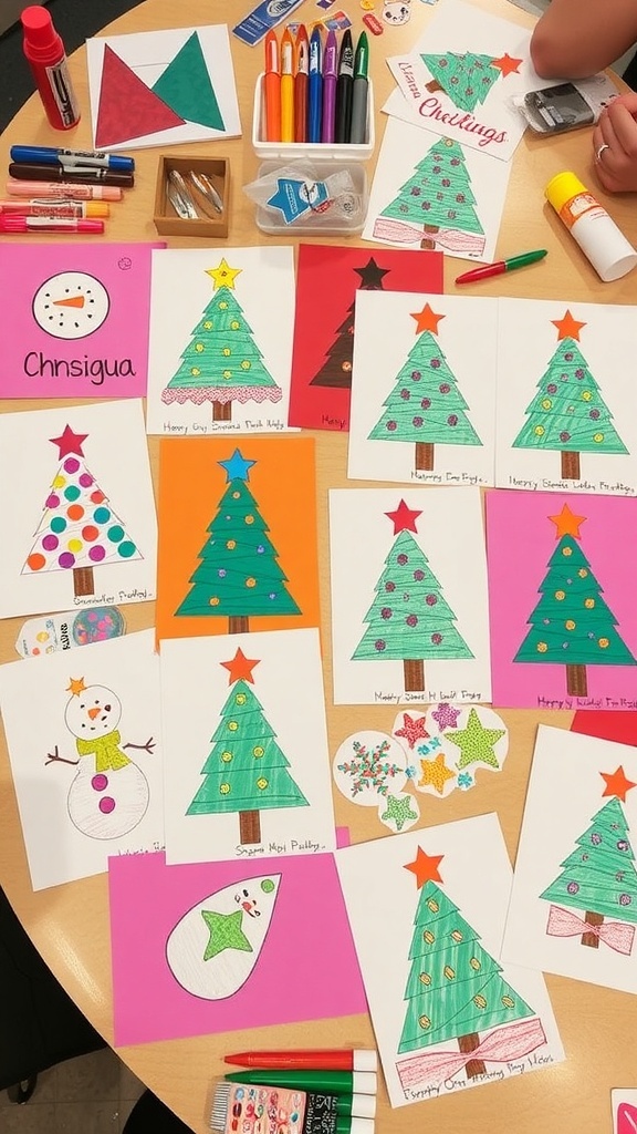 DIY Christmas Cards for Kids A variety of DIY Christmas cards made by children, featuring festive designs and craft supplies on a table.
